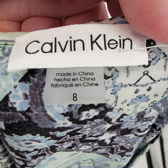 NEW Calvin Klein Women's‎ Floral Geo Print Blouson Puff Sleeve A Line Dress Blue - Picture 7 of 14